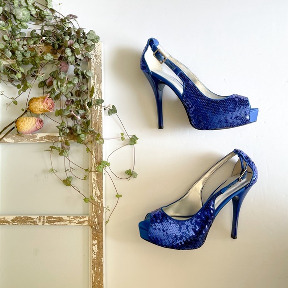NEW Guess Blue Sequin Heels - Picture 2 of 6